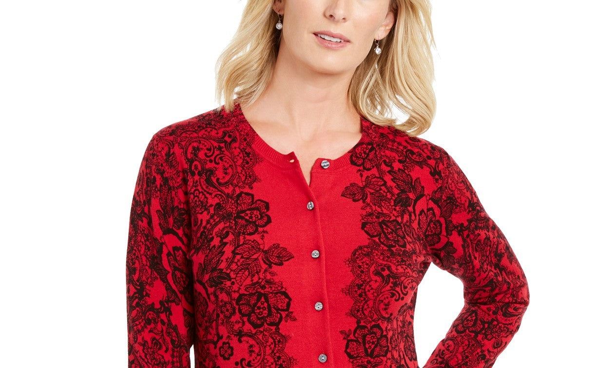 Karen Scott Cardigan feminino com estampa de renda, vermelho, tamanho extra grande
