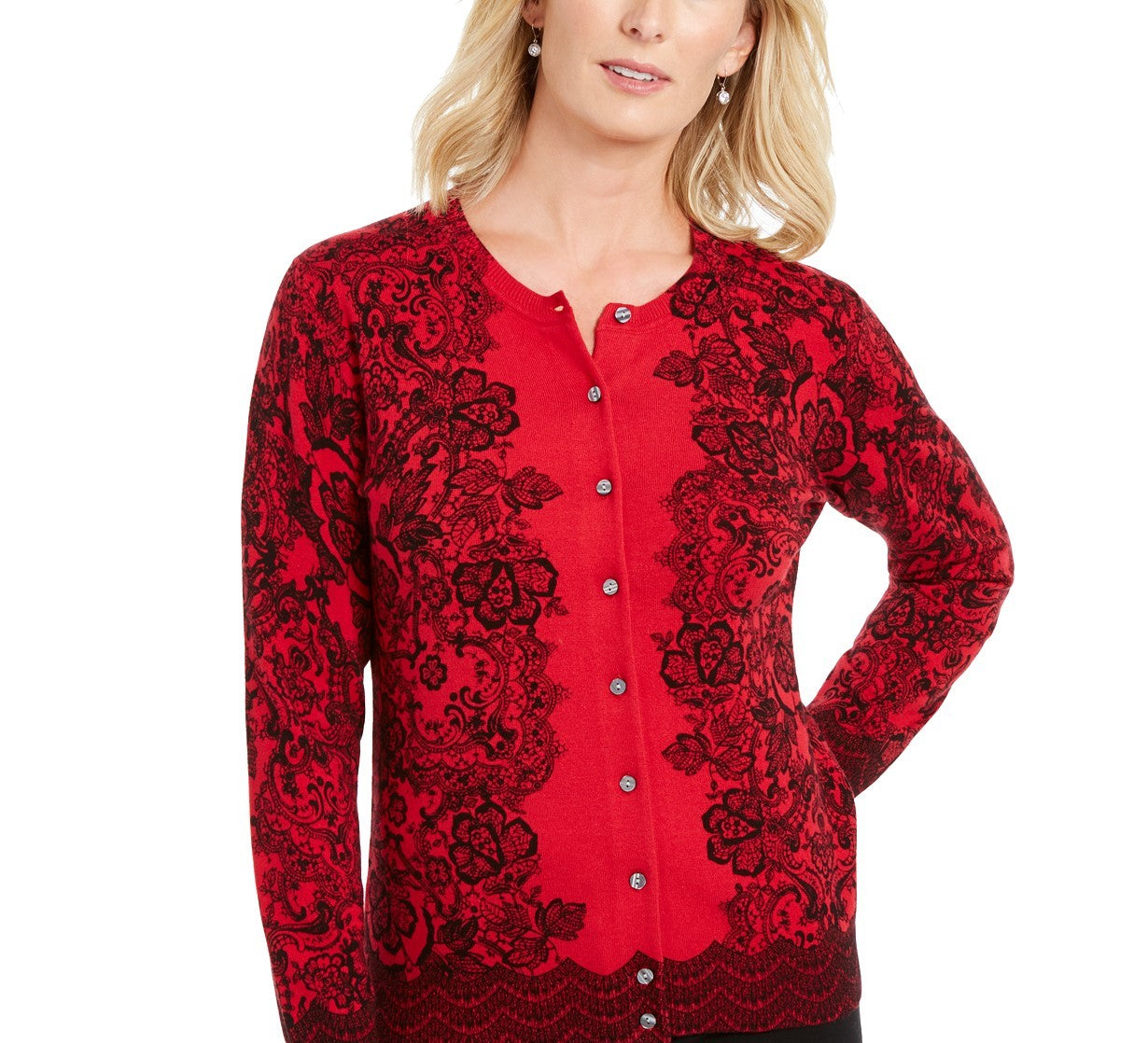 Karen Scott Cardigan Feminino Estampado em Renda Vermelho Tamanho Extra Pequeno