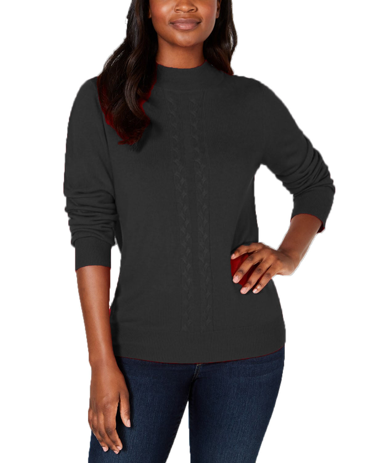 Karen Scott Suéter Feminino Petite Cable Front Mock-neck Preto Tamanho Médio