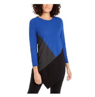 Suéter feminino Alfani assimétrico com blocos de cores azul safira tamanho grande