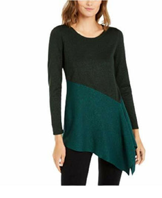 Suéter feminino Alfani assimétrico com blocos de cores, cor pinho esmeralda, tamanho pequeno