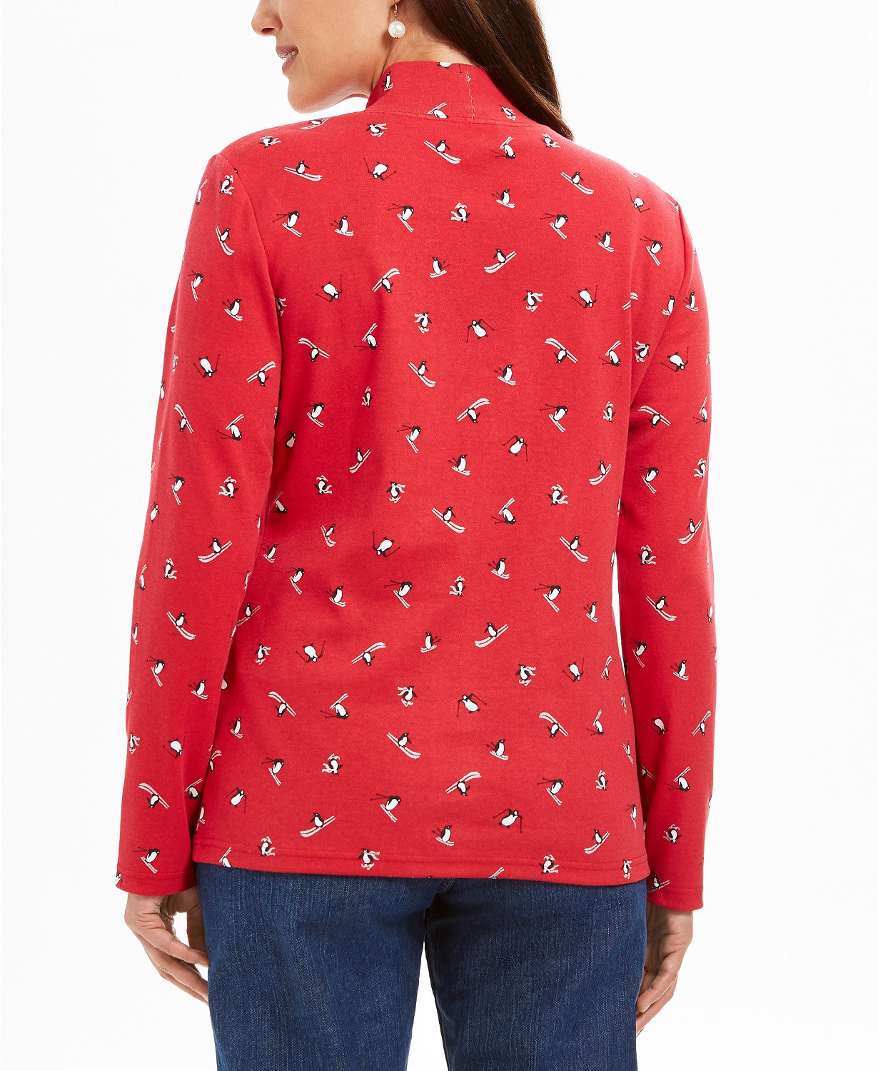 Karen Scott Camiseta feminina de esqui com estampa de pinguins, gola alta, vermelho brilhante, tamanho XXG