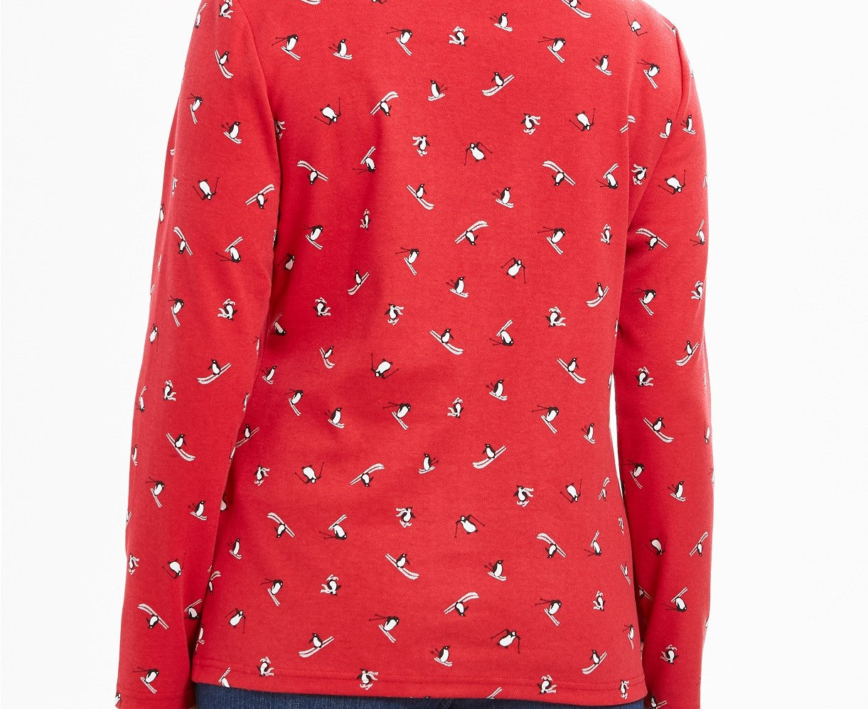 Karen Scott - Blusa feminina de esqui com estampa de pinguins, gola alta, vermelha, tamanho pequeno
