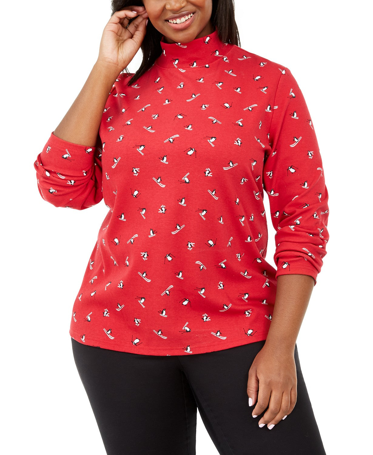 Karen Scott Top feminino plus size com estampa de pinguins de esqui e gola alta, vermelho brilhante, tamanho 1X