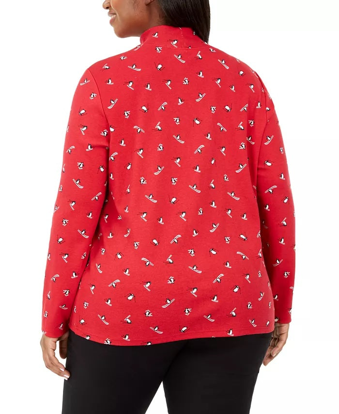 Karen Scott Top feminino plus size com estampa de pinguins de esqui e gola alta, vermelho brilhante, tamanho 1X
