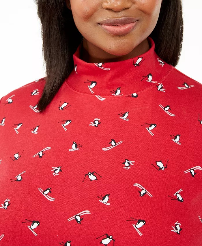 Karen Scott Top feminino plus size com estampa de pinguins de esqui e gola alta, vermelho brilhante, tamanho 1X