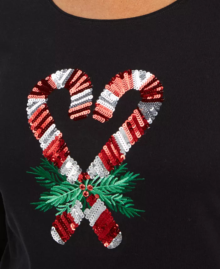 Camisa feminina Karen Scott Candy Cane com lantejoulas, preta, tamanho grande