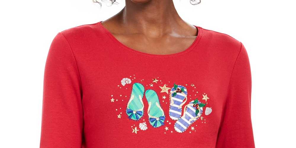 Karen Scott Chinelos Femininos Petite Winter Algodão Top Vermelho Tamanho P