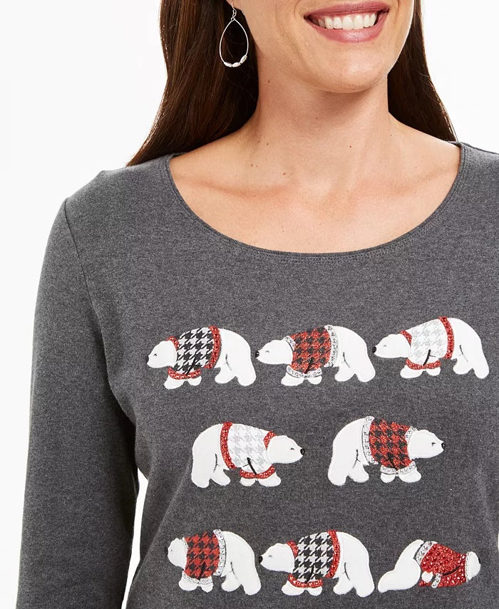 Karen Scott Polar Parade Top de algodão com detalhes embelezados, tamanho médio, cor carvão