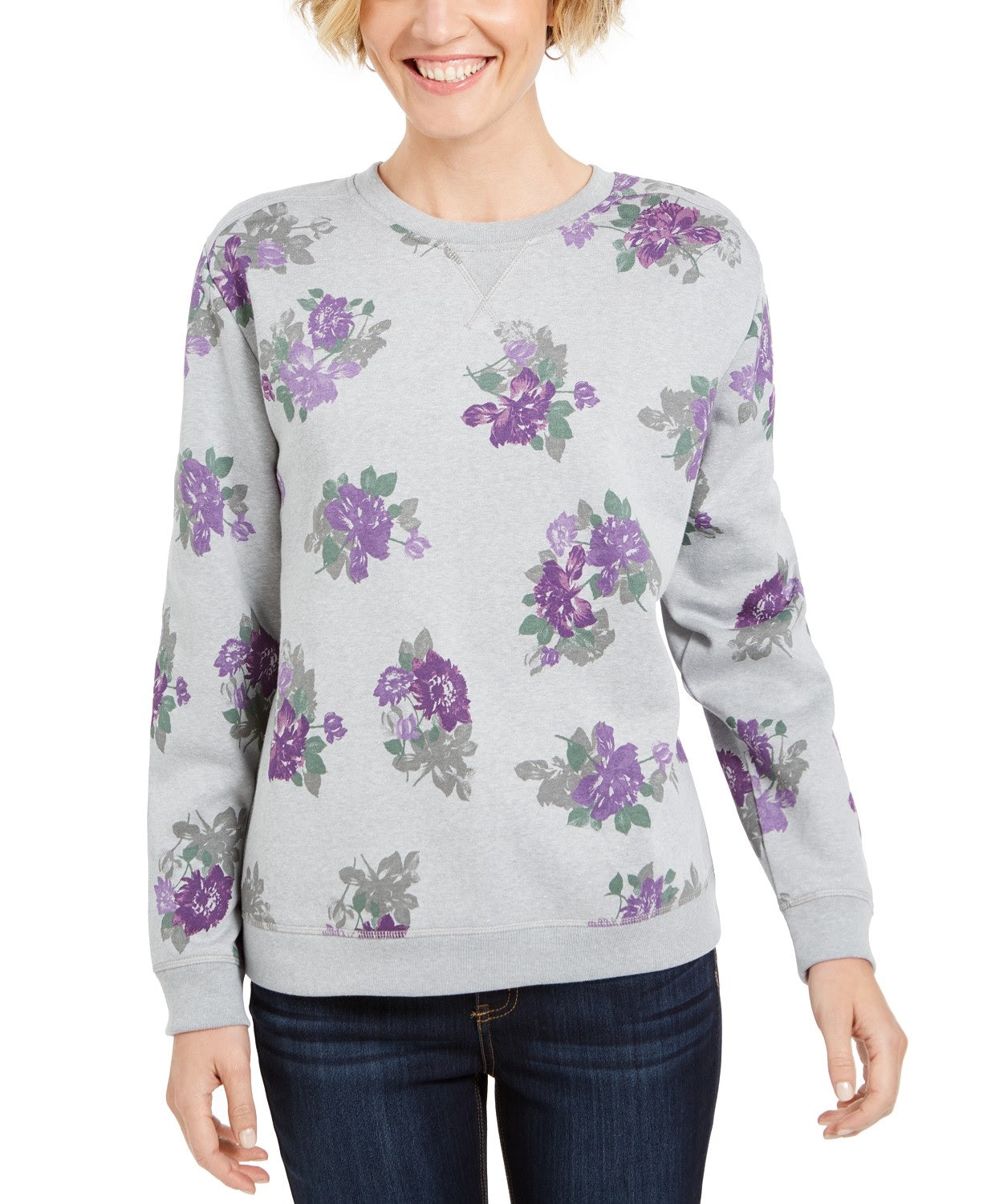 Moletom feminino Karen Scott com estampa floral cinza, tamanho pequeno