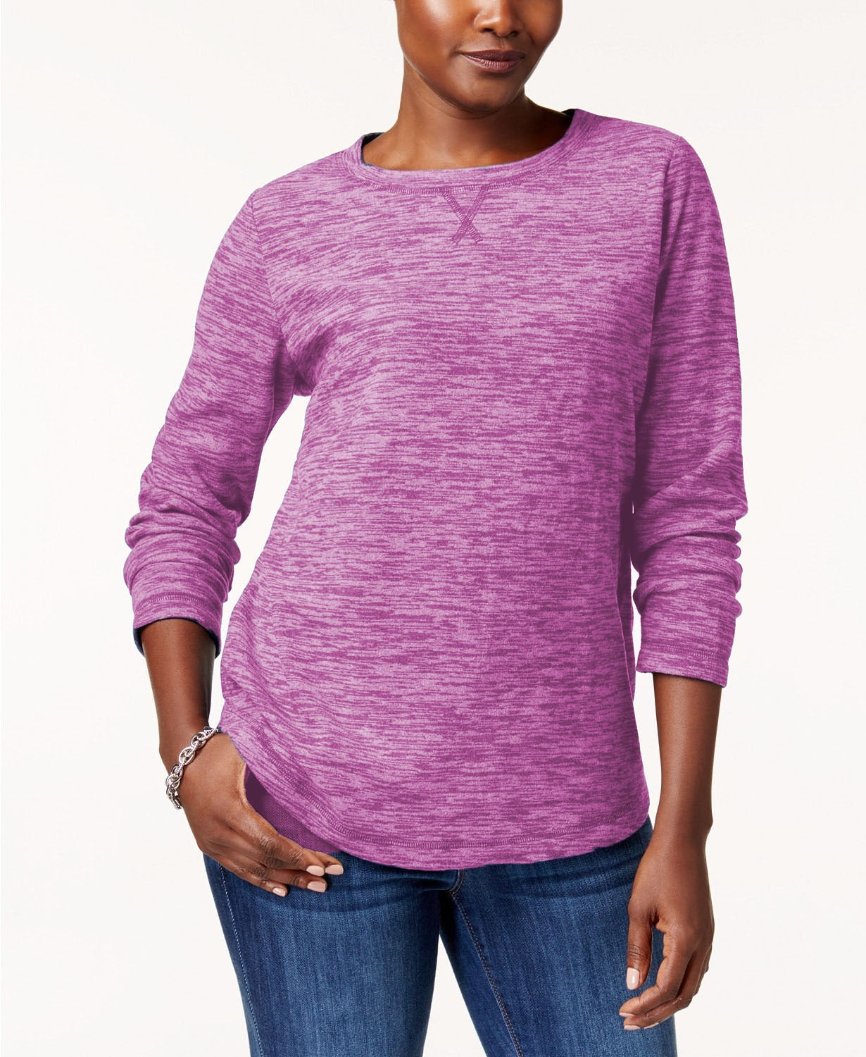 Moletom feminino Karen Scott Microfleece Spacedye com gola redonda, roxo, tamanho grande