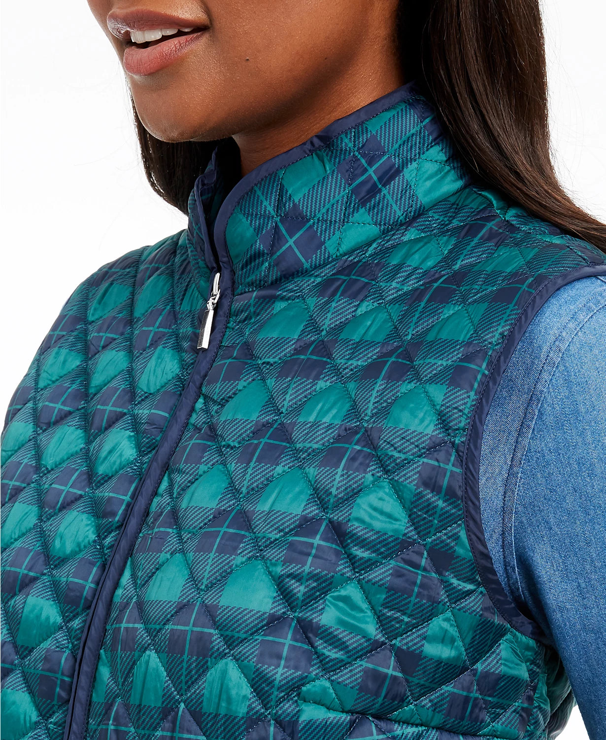 Colete esportivo feminino Karen Scott xadrez puffer azul marinho tamanho extrapequeno