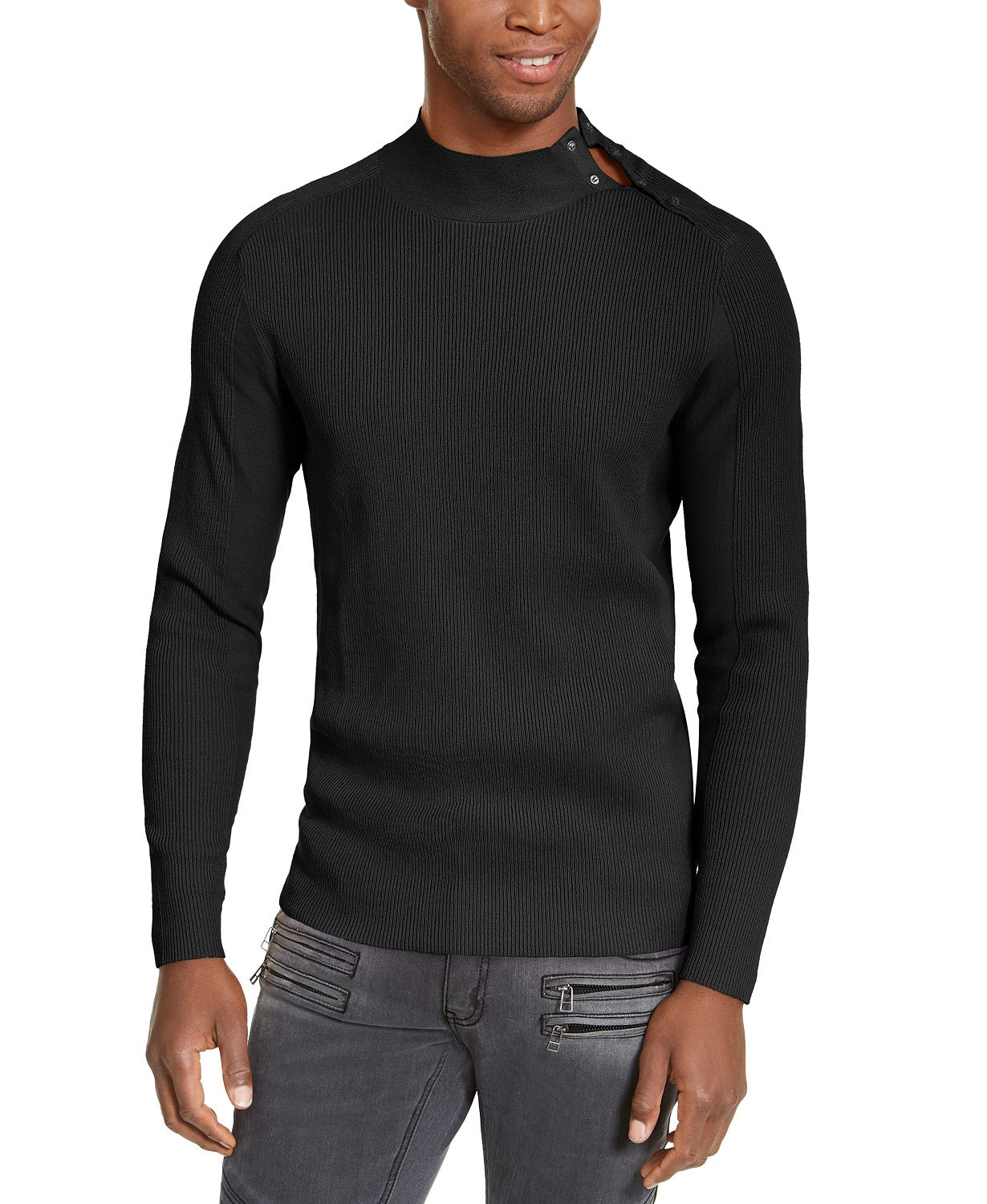 Suéter masculino com gola canelada e botões da INC International Concepts, preto, tamanho XX-G