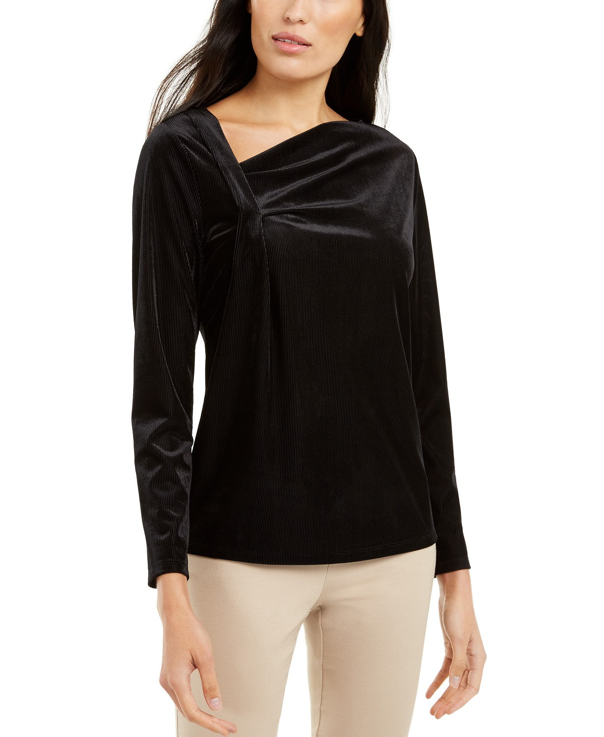 Blusa de veludo com decote assimétrico Alfani feminina, preta, tamanho pequeno