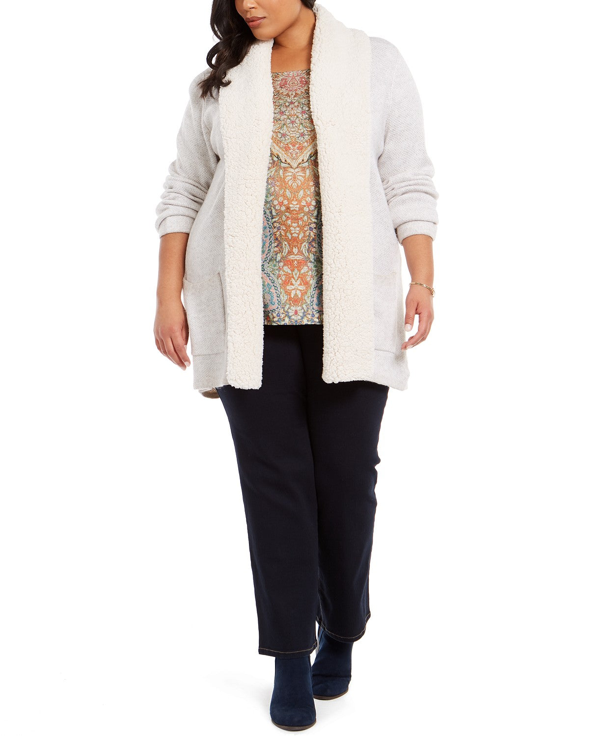 Cardigan feminino plus size com gola sherpa, cinza, tamanho extragrande, estilo &amp; co