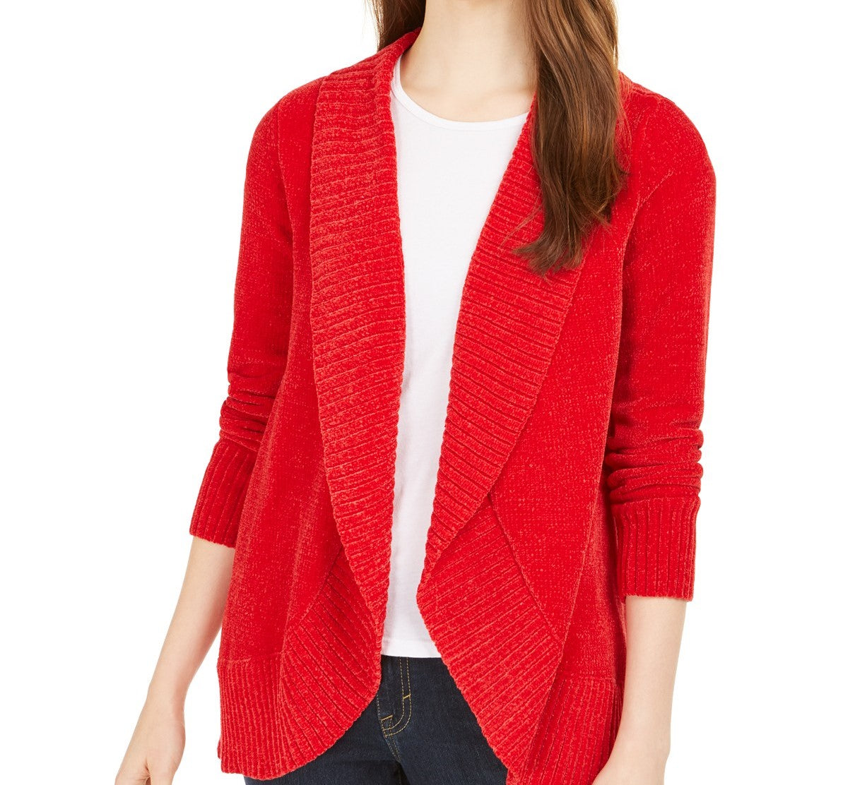 Cardigan feminino de malha chenille com gola xale, tamanho grande, vermelho, estilo &amp; co