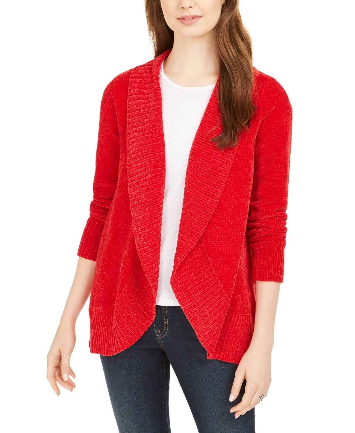 Cardigan feminino de malha chenille com gola xale estilo &amp; co, vermelho, tamanho extra grande