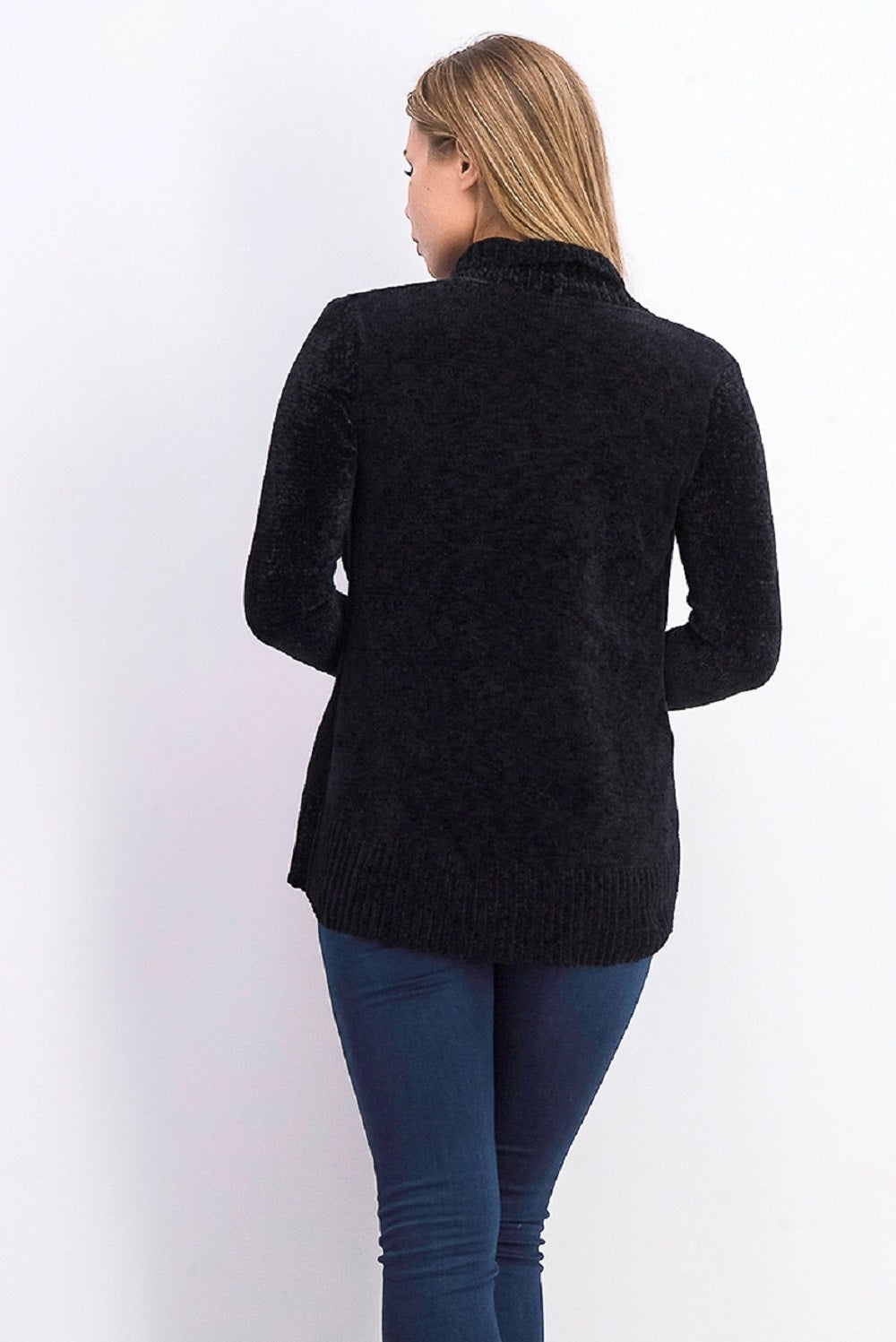 Cardigan Feminino de Gola Xale em Chenille Estilo &amp; Co Preto Tamanho Pequeno XS