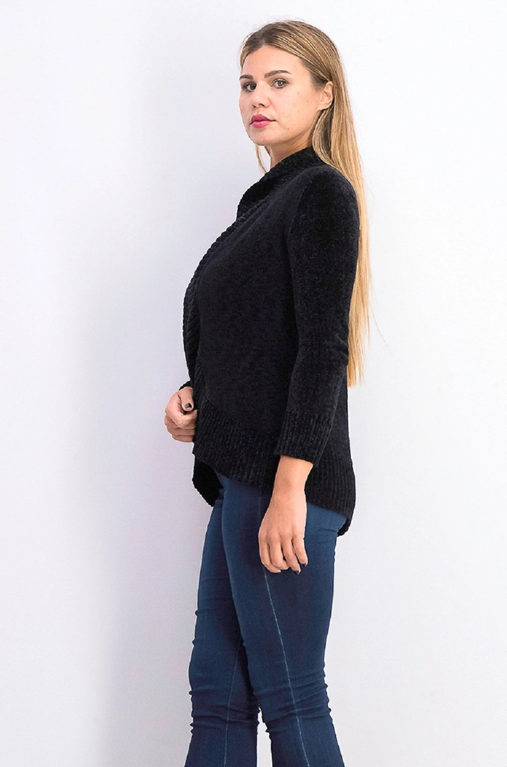 Cardigan Feminino de Gola Xale em Chenille Estilo &amp; Co Preto Tamanho Pequeno XS