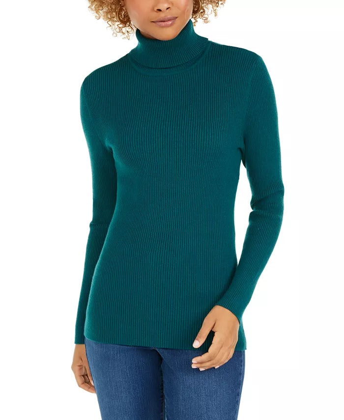 Suéter feminino de gola alta canelada estilo &amp; co verde escuro tamanho GG