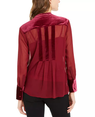 Blusa feminina Alfani com botões frontais e acabamento em veludo, vinho, tamanho médio