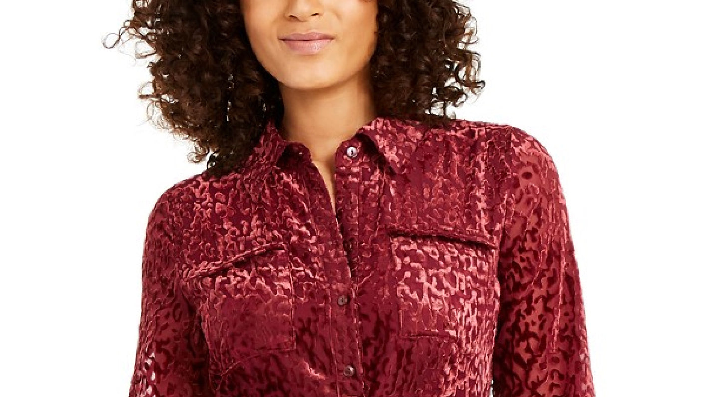 Camisa feminina Alfani Velvet Burnout com cinto, vinho, tamanho 12