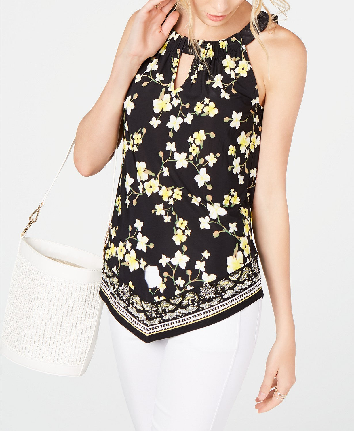 INC International Concepts Top Halter Estampado com Decote em Fechadura Feminino Amarelo Escuro Tamanho Extra Grande