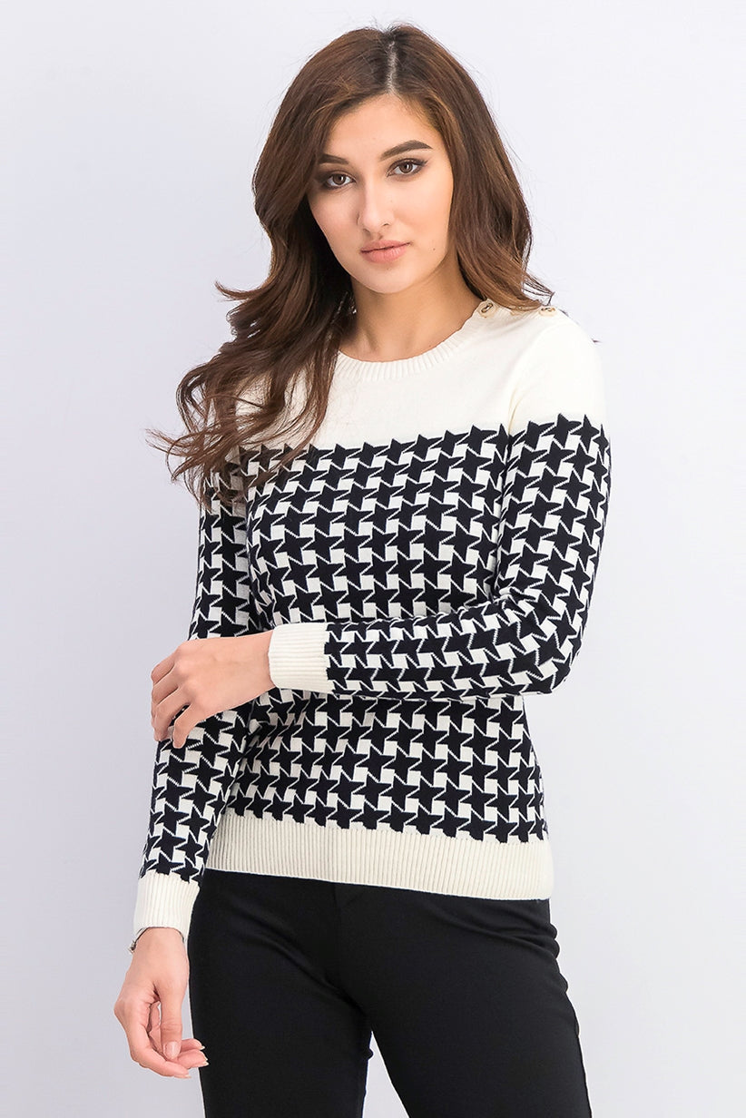 Suéter feminino Charter Club Petite Houndstooth com botões e ombros de fora, preto, tamanho pequeno