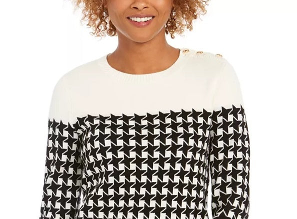 Suéter feminino Charter Club Petite Houndstooth com botões e ombros de fora, preto, tamanho médio