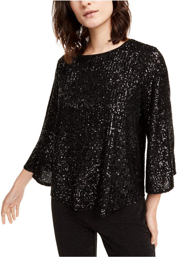 Top Alfani Feminino Petite com Lantejoulas e Manga Sino Preto Tamanho Petite