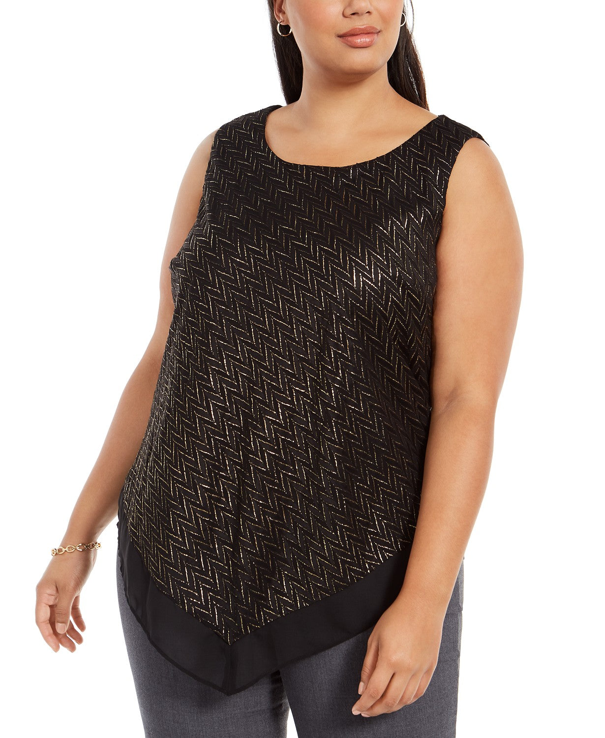 Top feminino Alfani plus size com bainha em V e fios metálicos, preto, tamanho 3 extragrande