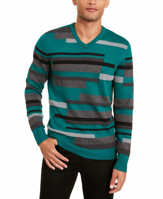 Suéter masculino Alfani texturizado listrado com decote em V, verde, tamanho XX-G