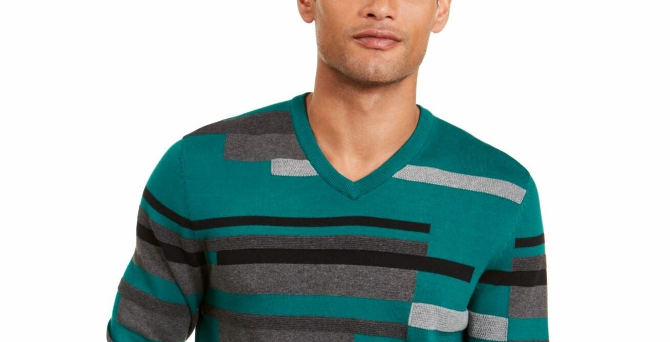 Suéter masculino Alfani texturizado listrado com decote em V, verde, tamanho XX-G