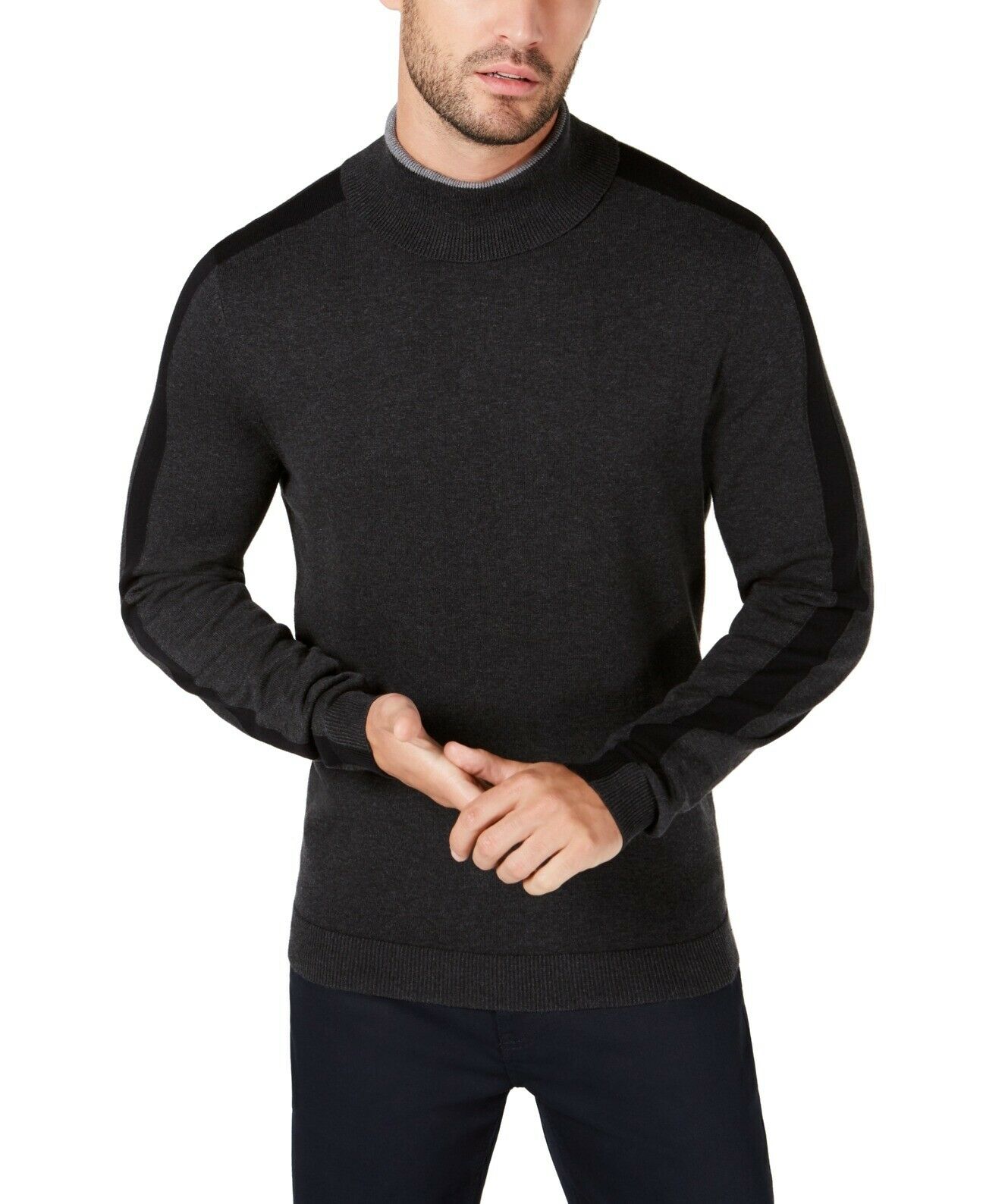 Suéter masculino Alfani com gola alta e manga listrada, cinza, tamanho 3, extra grande