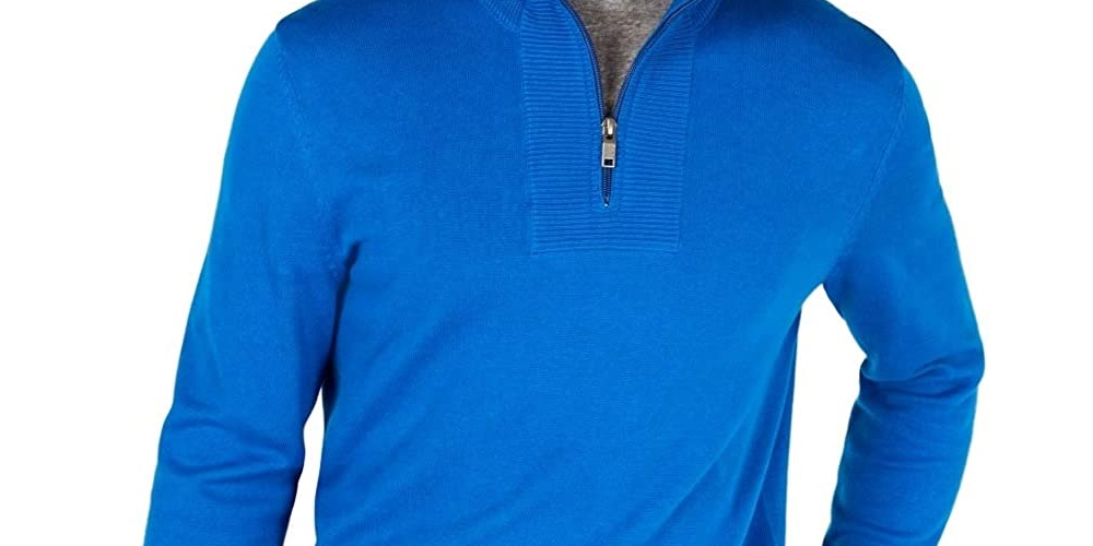 Suéter Alfani Masculino com Zíper e Punhos Canelados, Azul Médio, Tamanho Extra Grande