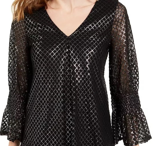 Blusa feminina Alfani Plus Size com estampa metálica e manga sino, cinza, tamanho 3X