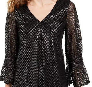 Blusa feminina Alfani Plus Size com estampa metálica e manga sino, cinza, tamanho 3X