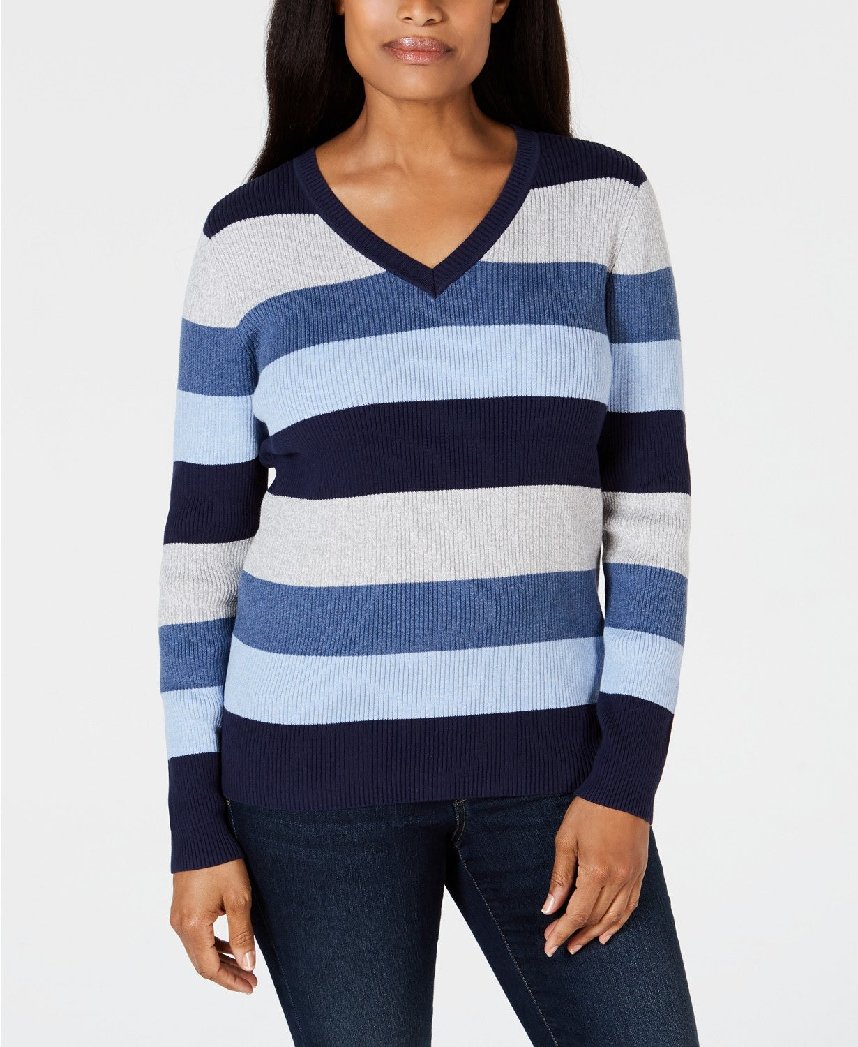 Karen Scott Suéter Feminino de Algodão com Decote em V e Blocos de Cores Azul Tamanho P