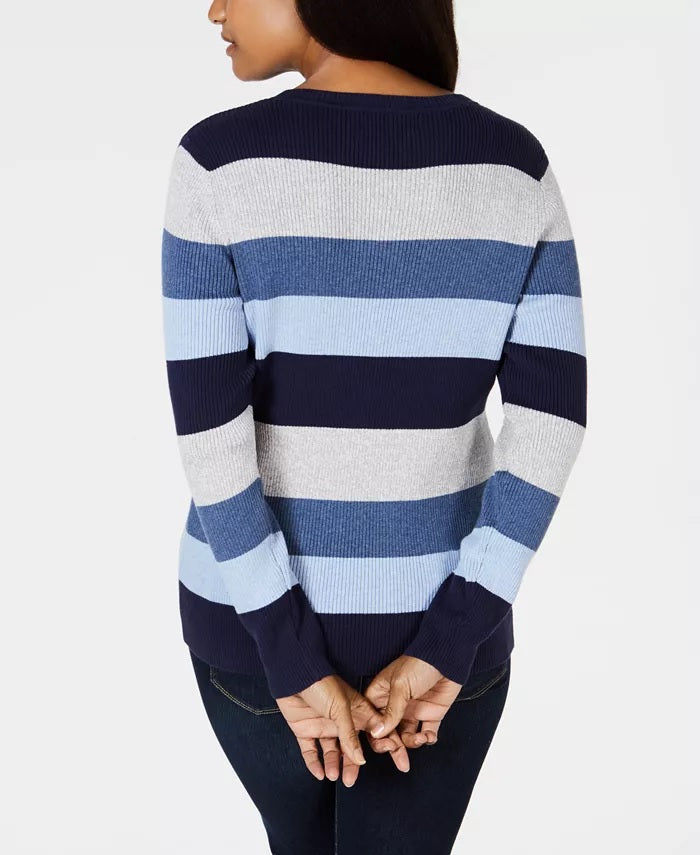 Karen Scott Suéter Feminino de Algodão com Decote em V e Blocos de Cores Azul Tamanho P