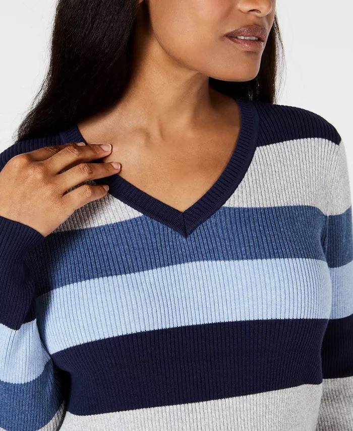 Karen Scott Suéter Feminino de Algodão com Decote em V e Blocos de Cores Azul Tamanho P