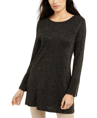 Suéter túnica feminino Alfani de malha brilhante, preto/dourado, tamanho grande