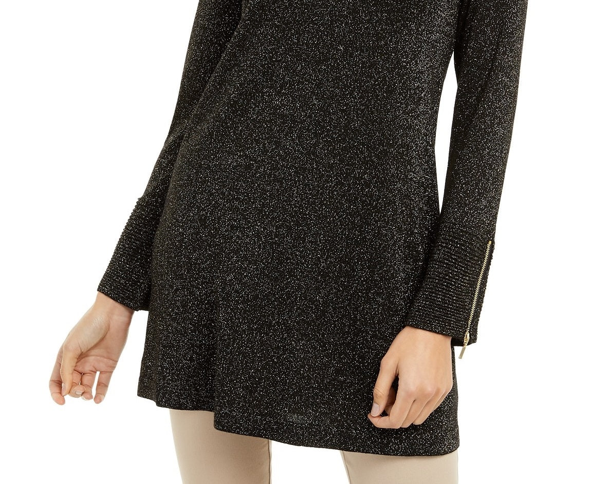 Suéter túnica feminino Alfani de malha brilhante, preto/dourado, tamanho grande