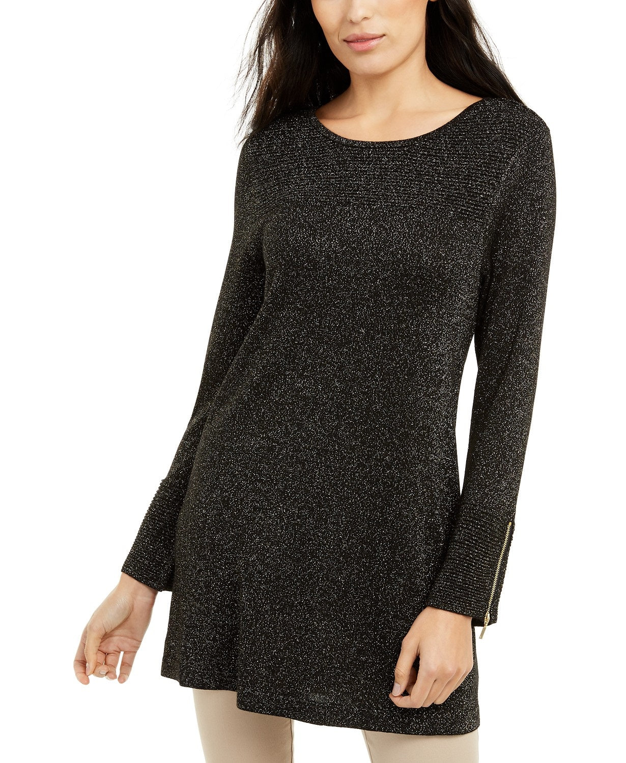 Suéter túnica feminino Alfani de malha brilhante, preto/dourado, tamanho G, extra grande