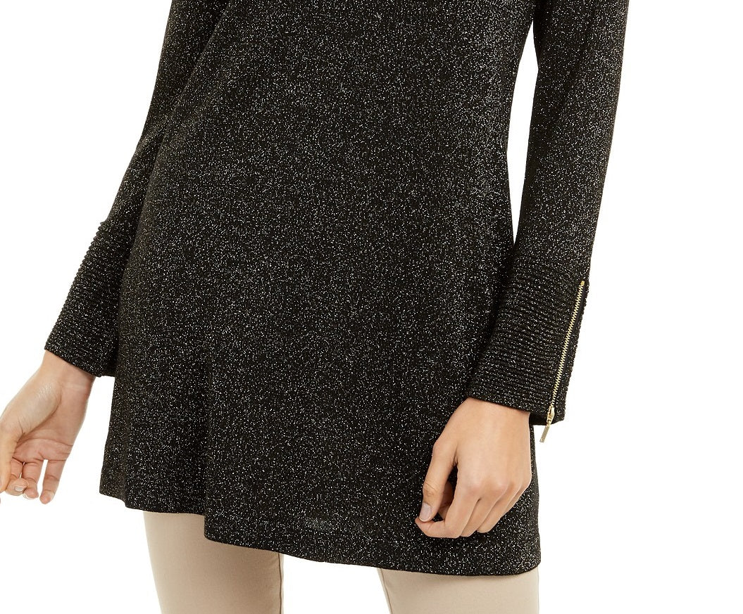Suéter túnica feminino Alfani de malha brilhante, preto/dourado, tamanho G, extra grande