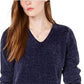 Suéter feminino Maison Jules em chenille com decote em V, azul, tamanho grande