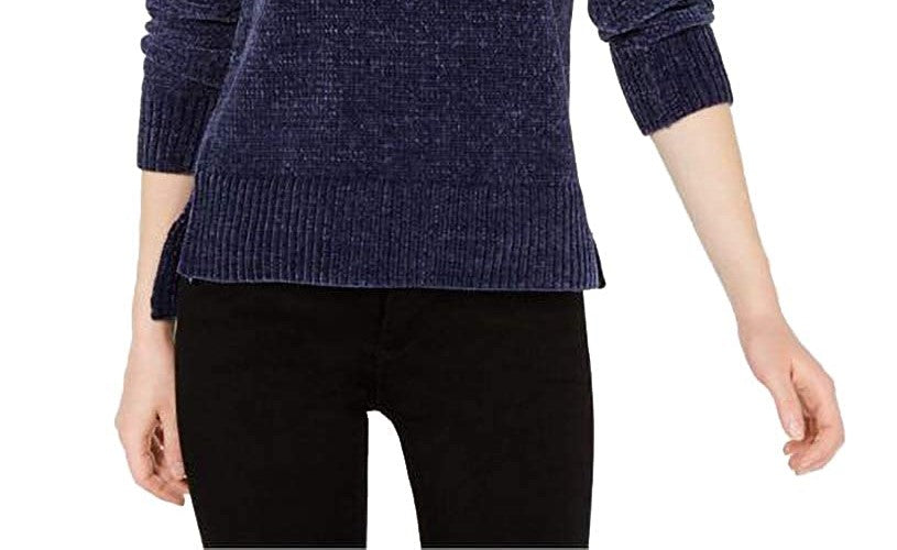 Suéter feminino Maison Jules em chenille com decote em V, azul, tamanho grande