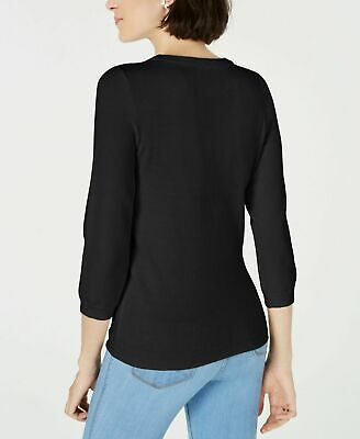 Suéter feminino Maison Jules com gola redonda e manga 3/4, preto, tamanho pequeno