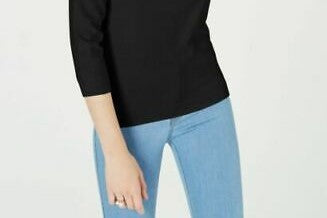 Suéter feminino Maison Jules com gola redonda e manga 3/4, preto, tamanho pequeno