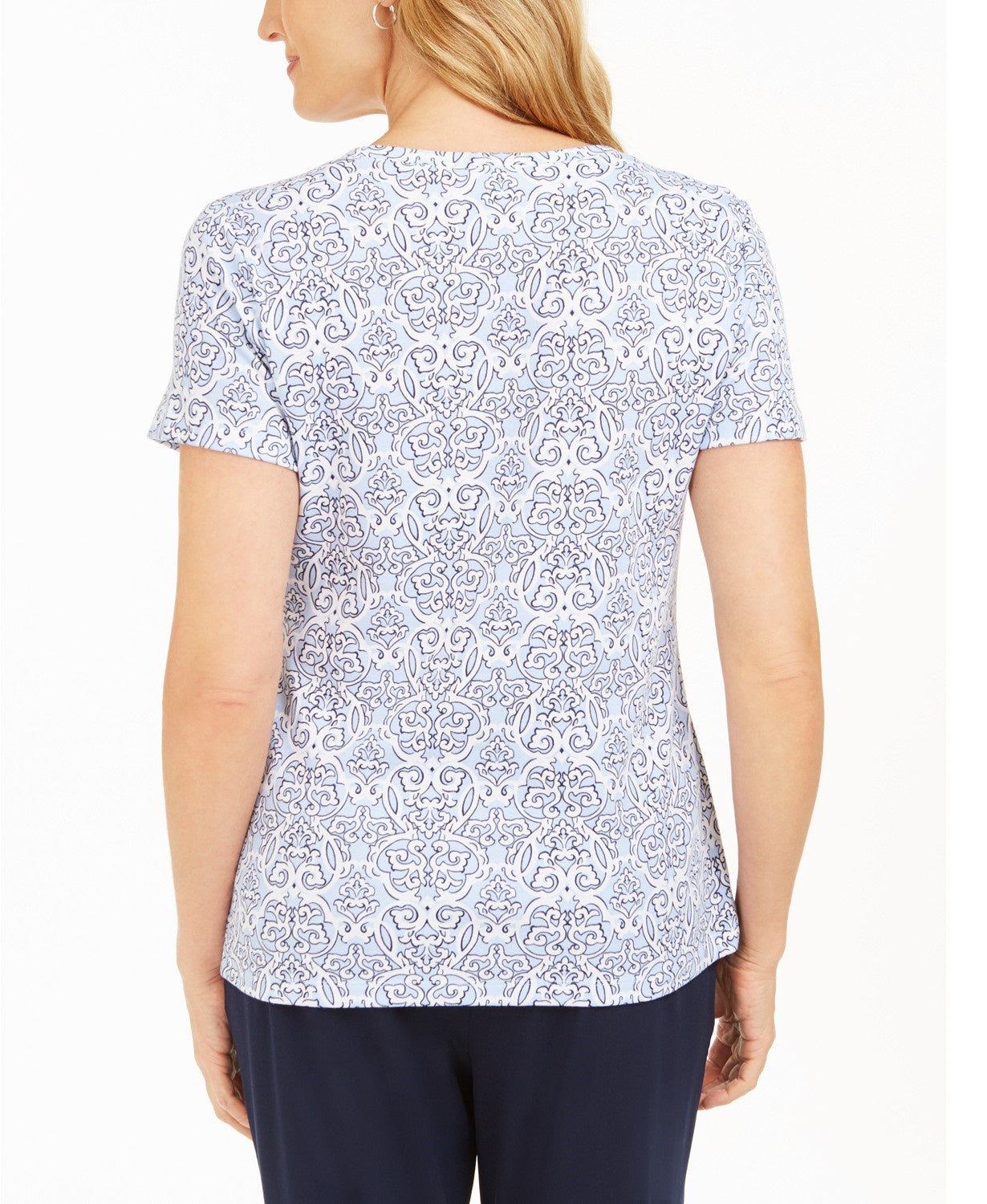 Karen Scott Blusa Henley Feminina Estampada Manga Curta Azul Brilhante Tamanho P