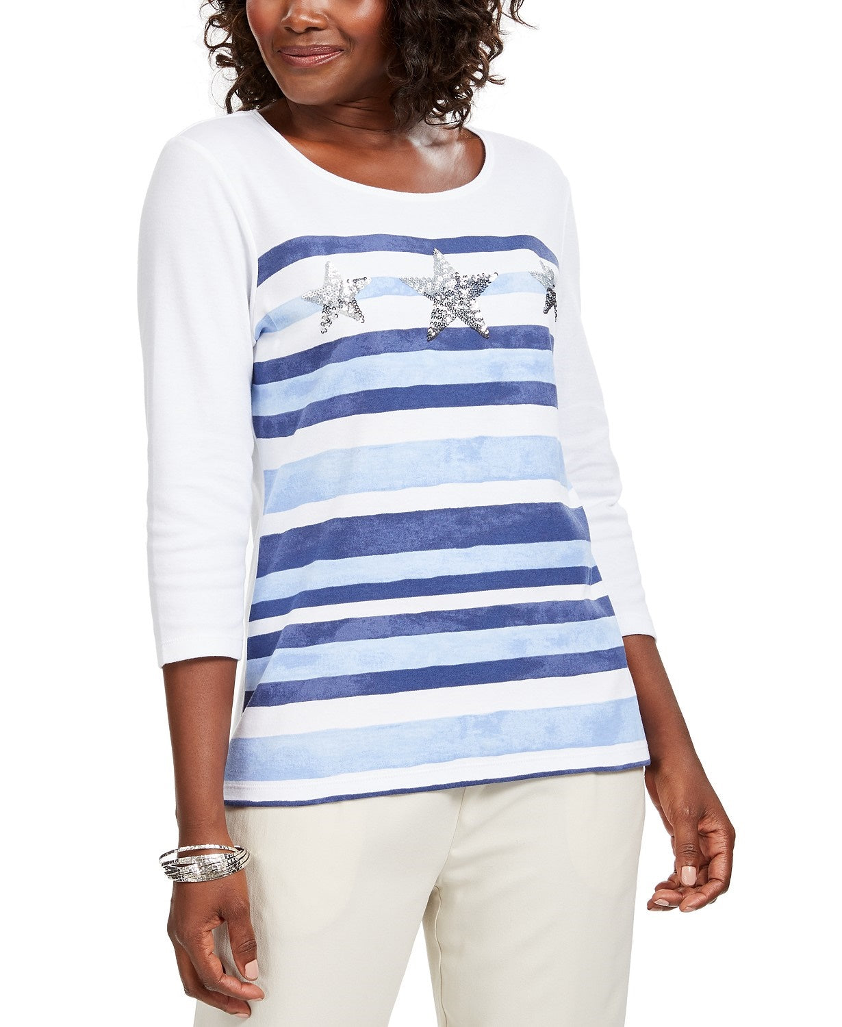 Blusa feminina Karen Scott listrada com lantejoulas e conchas, branca, tamanho pequeno